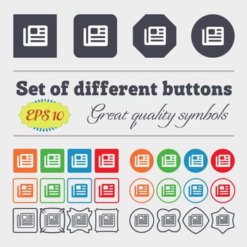 book, newspaper icon sign. Big set of colorful, diverse, high-quality buttons. illustration