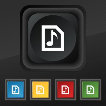Audio, MP3 file icon symbol. Set of five colorful, stylish buttons on black texture for your design. illustration