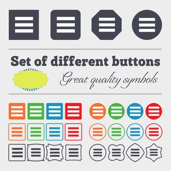 Align text to the width icon sign. Big set of colorful, diverse, high-quality buttons. illustration