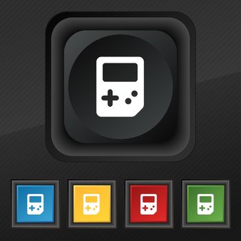 Tetris icon symbol. Set of five colorful, stylish buttons on black texture for your design. illustration