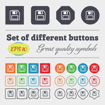 floppy disk icon sign. Big set of colorful, diverse, high-quality buttons. illustration