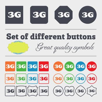 3G sign icon. Mobile telecommunications technology symbol. Big set of colorful, diverse, high-quality buttons. illustration