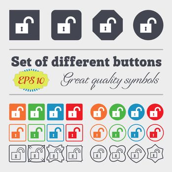 open lock icon sign. Big set of colorful, diverse, high-quality buttons. illustration