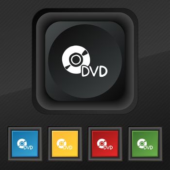 dvd icon symbol. Set of five colorful, stylish buttons on black texture for your design. illustration