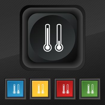 thermometer temperature icon symbol. Set of five colorful, stylish buttons on black texture for your design. illustration