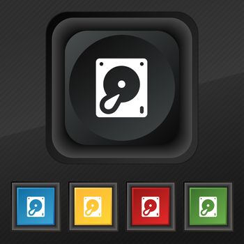 Hard disk and database icon symbol. Set of five colorful, stylish buttons on black texture for your design. illustration
