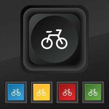 Bicycle icon symbol. Set of five colorful, stylish buttons on black texture for your design. illustration