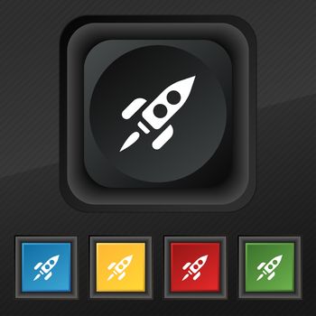 Rocket icon symbol. Set of five colorful, stylish buttons on black texture for your design. illustration