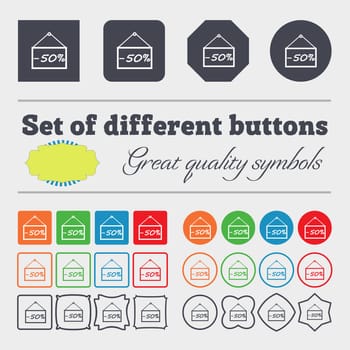 50 discount icon sign. Big set of colorful, diverse, high-quality buttons. illustration