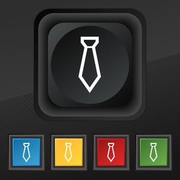 Tie icon symbol. Set of five colorful, stylish buttons on black texture for your design. illustration