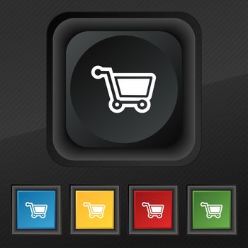 shopping cart icon symbol. Set of five colorful, stylish buttons on black texture for your design. illustration