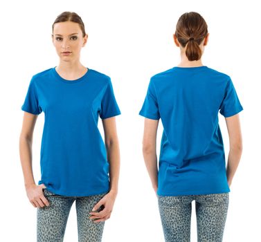 Photo of a young beautiful woman with blank blue shirt, front and back views. Ready for your design or artwork.
