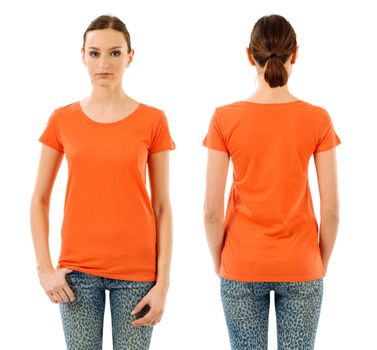 Photo of a young beautiful woman with blank orange shirt, front and back views. Ready for your design or artwork.