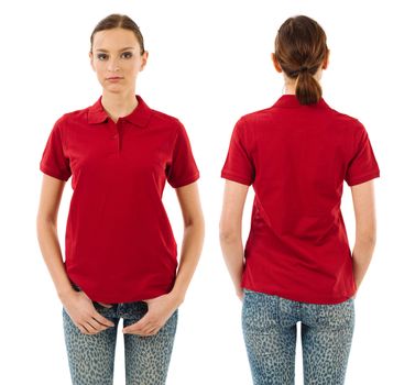 Photo of a young beautiful woman with blank red polo shirt, front and back views. Ready for your design or artwork.
