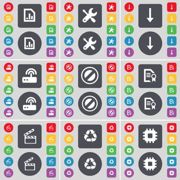 Diagram file, Wrench, Arrow down, Router, Stop, File, Clapper, Recycling, Processor icon symbol. A large set of flat, colored buttons for your design. illustration