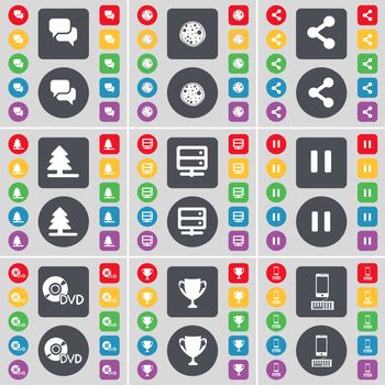 Chat, Pizza, Share, Firteee, Server, Pause, DVD, Cup, Smartphone icon symbol. A large set of flat, colored buttons for your design. illustration