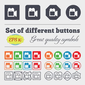 camcorder icon sign. Big set of colorful, diverse, high-quality buttons. illustration