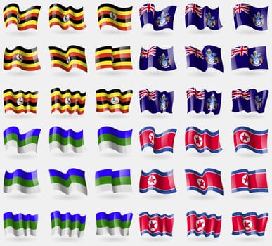 Uganda, Tristan da Cunha, Komi, Korea North. Set of 36 flags of the countries of the world. illustration