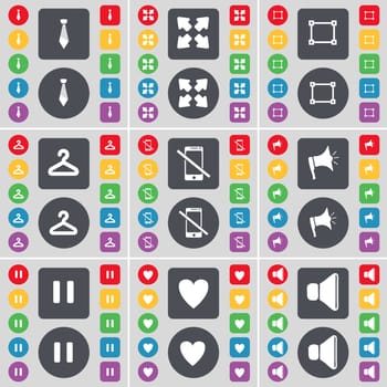 Tie, Full screen, File, Hanger, Smartphone, Megaphone, Pause, Heart, Sound icon symbol. A large set of flat, colored buttons for your design. illustration