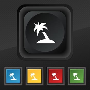 Palm Tree, Travel trip icon symbol. Set of five colorful, stylish buttons on black texture for your design. illustration