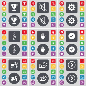Cup, Mute, Gear, Clef, Hand, Tick, Scooter, Picture, Arrow right icon symbol. A large set of flat, colored buttons for your design. illustration