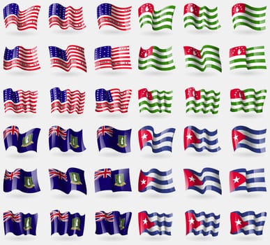 Bikini Atoll, Abkhazia, VirginIslandsUK, Cuba. Set of 36 flags of the countries of the world. illustration