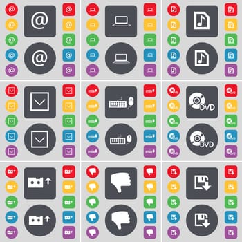 Mail, Laptop, Music file, Arrow down, Keyboard, DVD, Cassette, Dislike, Floppy icon symbol. A large set of flat, colored buttons for your design. illustration