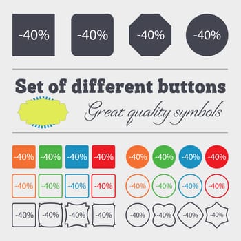 40 percent discount sign icon. Sale symbol. Special offer label. Big set of colorful, diverse, high-quality buttons. illustration