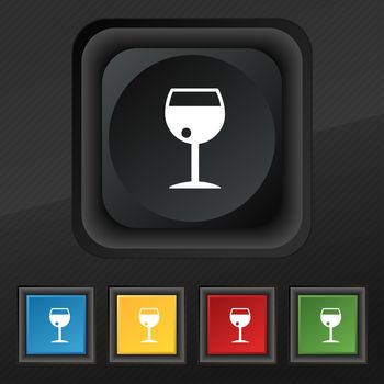 glass of wine icon symbol. Set of five colorful, stylish buttons on black texture for your design. illustration