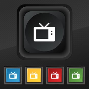 Retro TV mode icon symbol. Set of five colorful, stylish buttons on black texture for your design. illustration