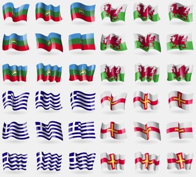 KarachayCherkessia, Wales, Greece, Guernsey. Set of 36 flags of the countries of the world. illustration