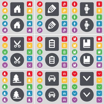 House, Pencil, Wrist watch, Scissors, Battery, Dictionary, Firtree, Car, Arrow down icon symbol. A large set of flat, colored buttons for your design. illustration