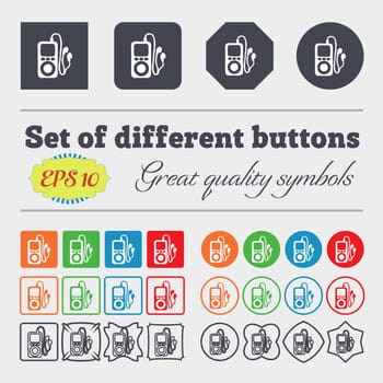 MP3 player, headphones, music icon sign. Big set of colorful, diverse, high-quality buttons. illustration