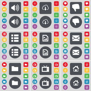 Sound, Cloud, Dislike, List, Media file, Message, Folder, Retro TV, House icon symbol. A large set of flat, colored buttons for your design. illustration