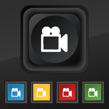 camcorder icon symbol. Set of five colorful, stylish buttons on black texture for your design. illustration
