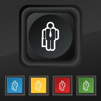 businessman icon symbol. Set of five colorful, stylish buttons on black texture for your design. illustration