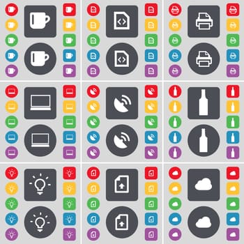 Cup, File, Printer, Laptop, Satellite dish, Bottle, Light bulb, Upload file, Cloud icon symbol. A large set of flat, colored buttons for your design. illustration