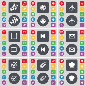 Speaker, Pizza, Airplane, Frame, Media skip, Message, Tick, Clip, Cooking hat icon symbol. A large set of flat, colored buttons for your design. illustration