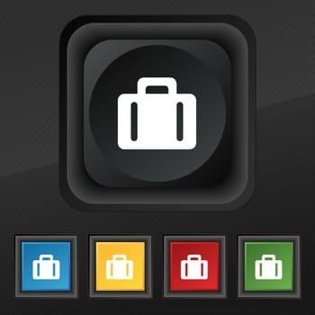 suitcase icon symbol. Set of five colorful, stylish buttons on black texture for your design. illustration