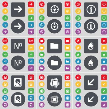 Arrow right, Compass, Information, Number, Folder, Fire, Hard drive, Processor, Deploying screen icon symbol. A large set of flat, colored buttons for your design. illustration