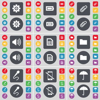 Gear, Battery, Clip, Sound, File, Folder, Microphone, Smartphone, Umbrella icon symbol. A large set of flat, colored buttons for your design. illustration