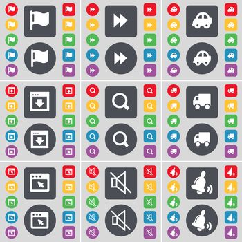 Flag, Rewind, Car, Window, Magnifying glass, Truck, Mute, Bell icon symbol. A large set of flat, colored buttons for your design. illustration