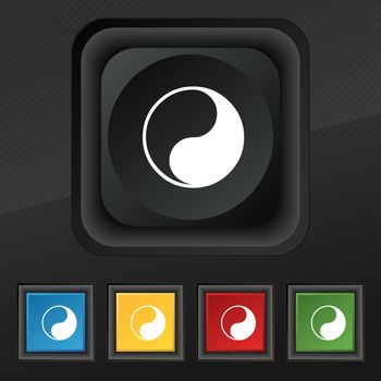 Yin Yang icon symbol. Set of five colorful, stylish buttons on black texture for your design. illustration