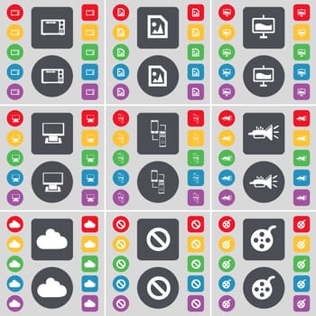 Microwave, Media file, Graph, Monitor, Connection, Trumped, Cloud, Stop, Videotape icon symbol. A large set of flat, colored buttons for your design. illustration