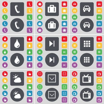 Receiver, Suitcase, Car, Drop, Media skip, Apps, Cloud, Arrow down, Retro TV icon symbol. A large set of flat, colored buttons for your design. illustration