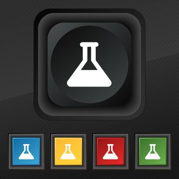 Conical Flask icon symbol. Set of five colorful, stylish buttons on black texture for your design. illustration