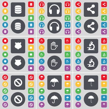 Database, Headphones, Share, Badge, Hand, Microscope, Stop, Umbrella icon symbol. A large set of flat, colored buttons for your design. illustration