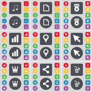 Note, File, Medal, Diagram, Checkpoint, Cursor, Crown, Share, Trash can icon symbol. A large set of flat, colored buttons for your design. illustration