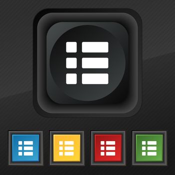 List menu, Content view options icon symbol. Set of five colorful, stylish buttons on black texture for your design. illustration