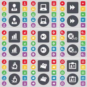 Avatar, Laptop, Rewind, Diagram, Media skip, DVD, Microscope, Film camera, Contact icon symbol. A large set of flat, colored buttons for your design. illustration